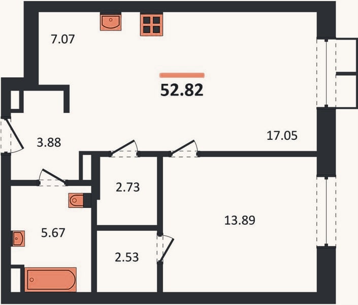 Планировка: 1-к, 52,8 м²