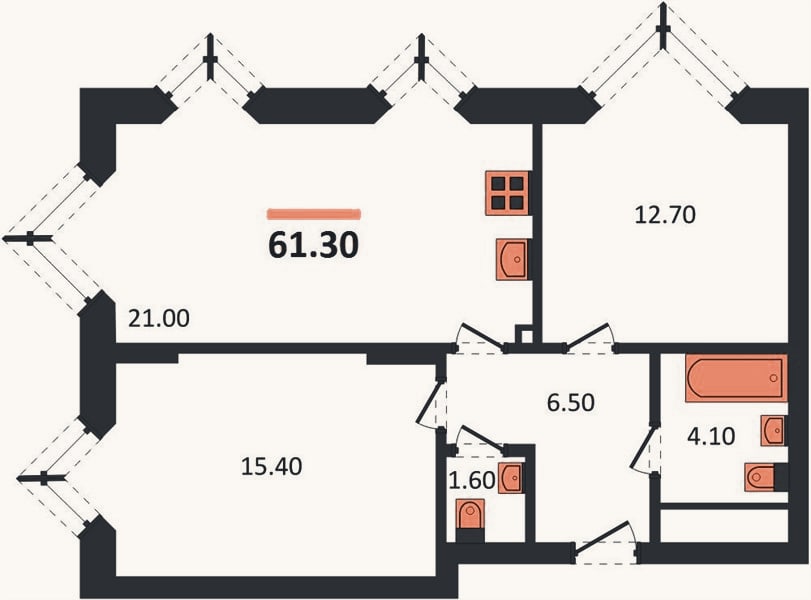 Планировка: 2-к, 61,3 м²