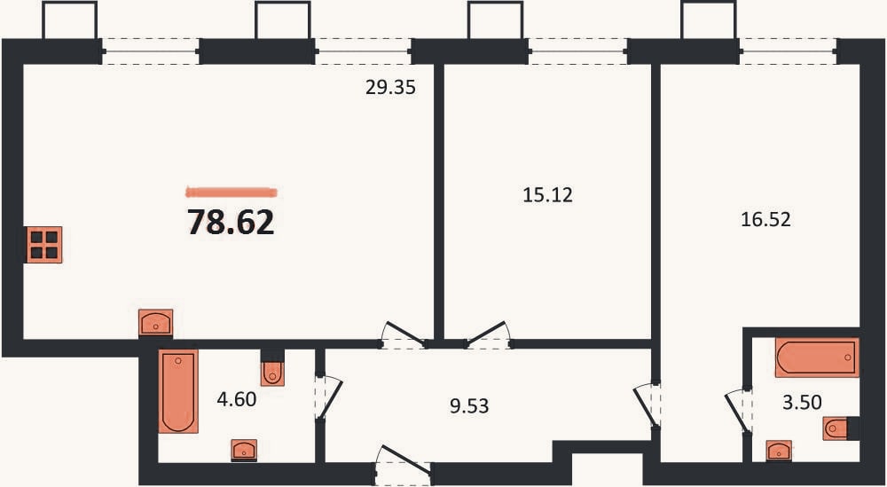 Планировка: 2-к, 78,6 м²
