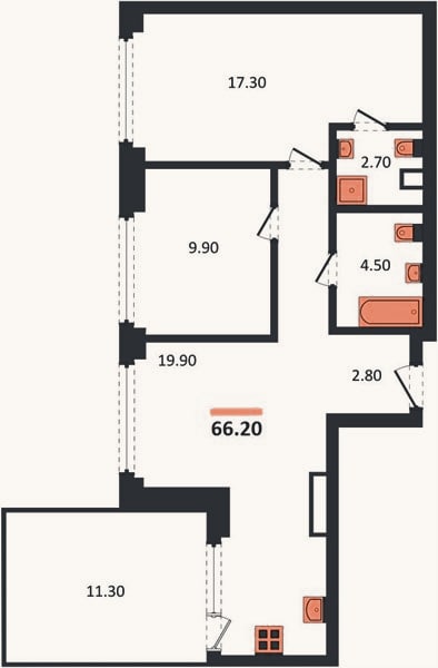 Планировка: 2-к, 66,2 м²