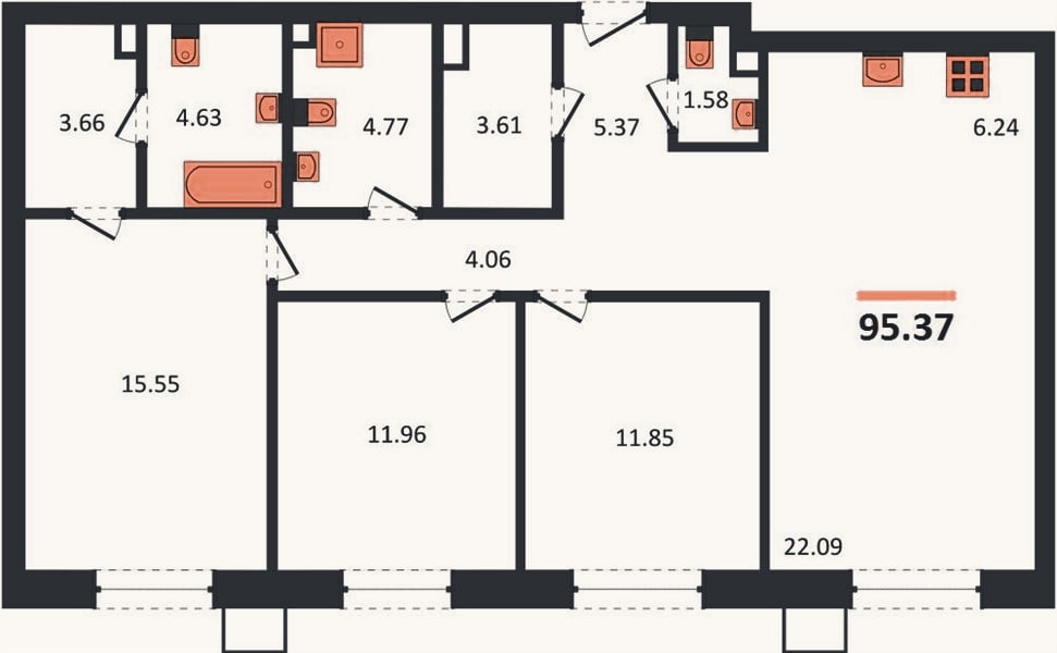 Планировка: 3-к, 95,4 м²