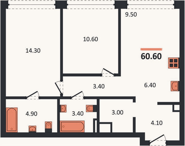 Планировка: 2-к, 60,6 м²