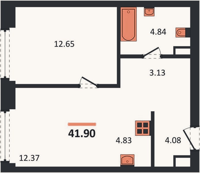 Планировка: 1-к, 41,9 м²