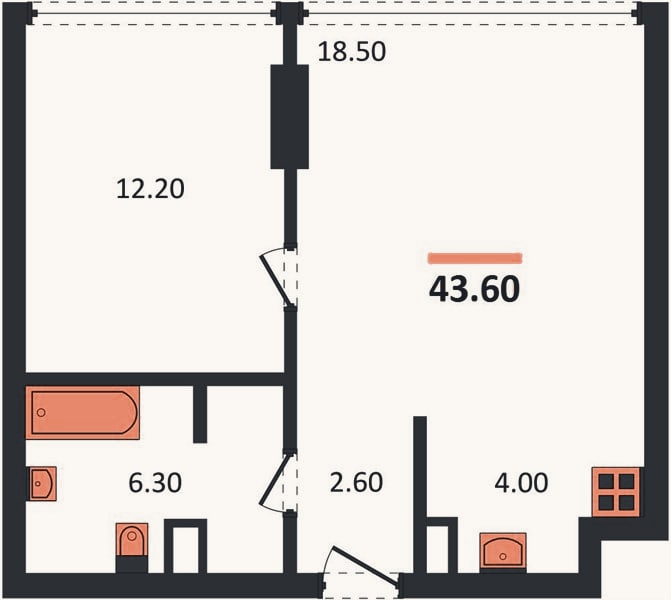 Планировка: 1-к, 43,6 м²