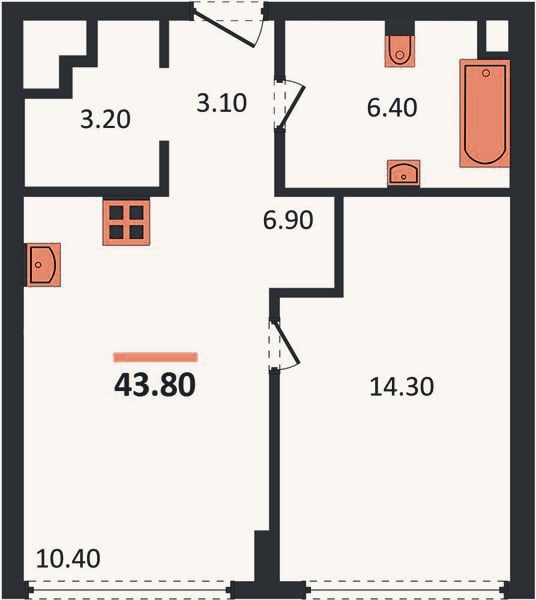 Планировка: 1-к, 43,8 м²