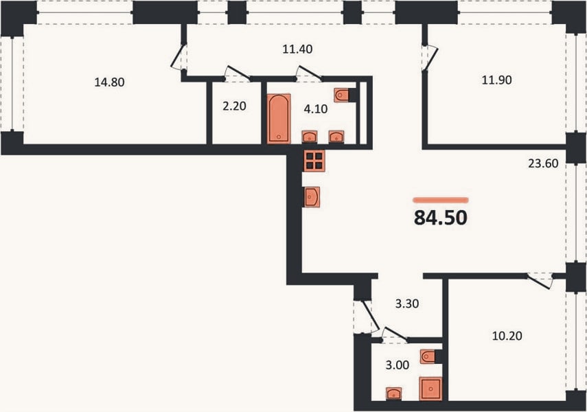 Планировка: 3-к, 84,5 м²