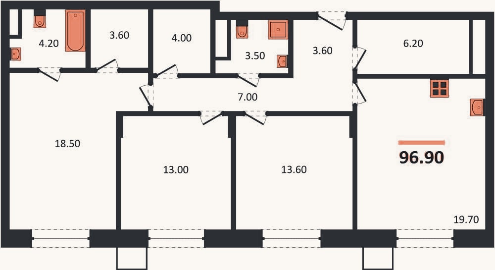 Планировка: 3-к, 96,9 м²