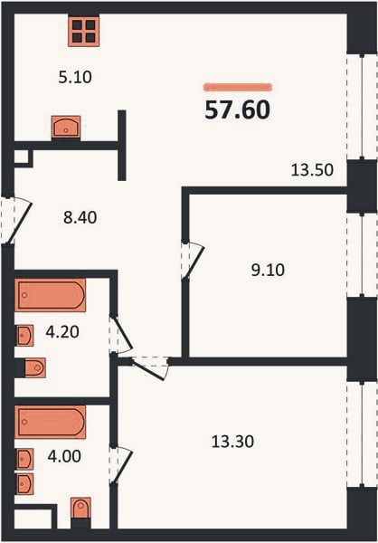 Планировка: 2-к, 57,6 м²