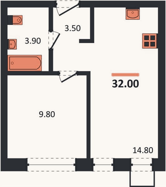 Планировка: 1-к, 32 м²