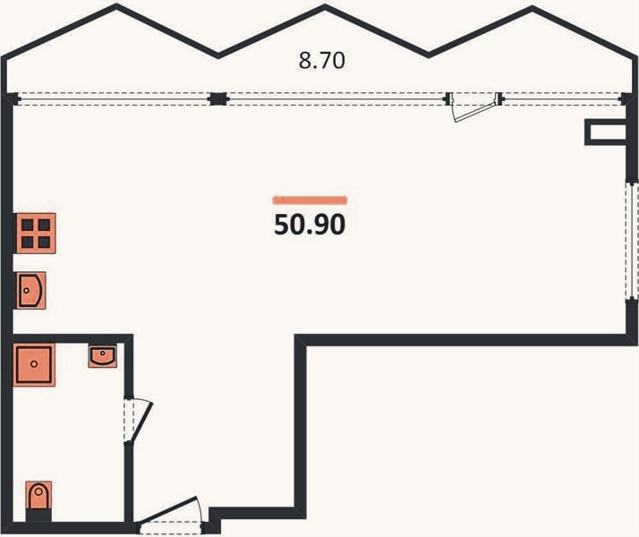 Планировка: 1-к, 50,9 м²