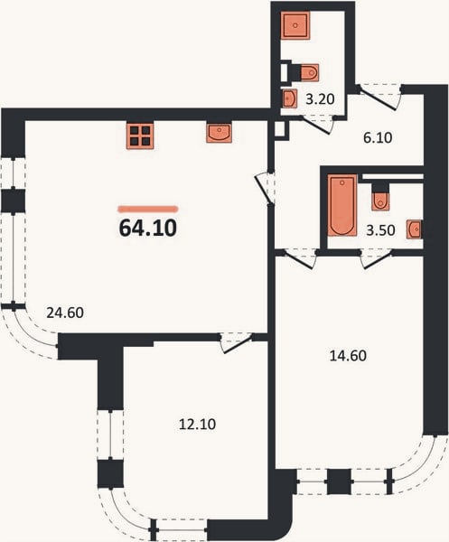Планировка: 2-к, 64,1 м²