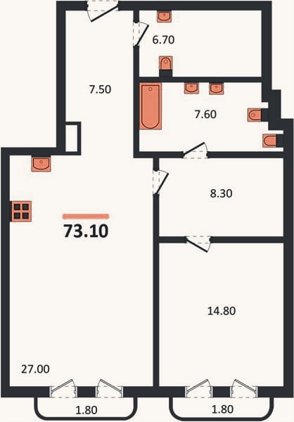 Планировка: 1-к, 73,8 м²
