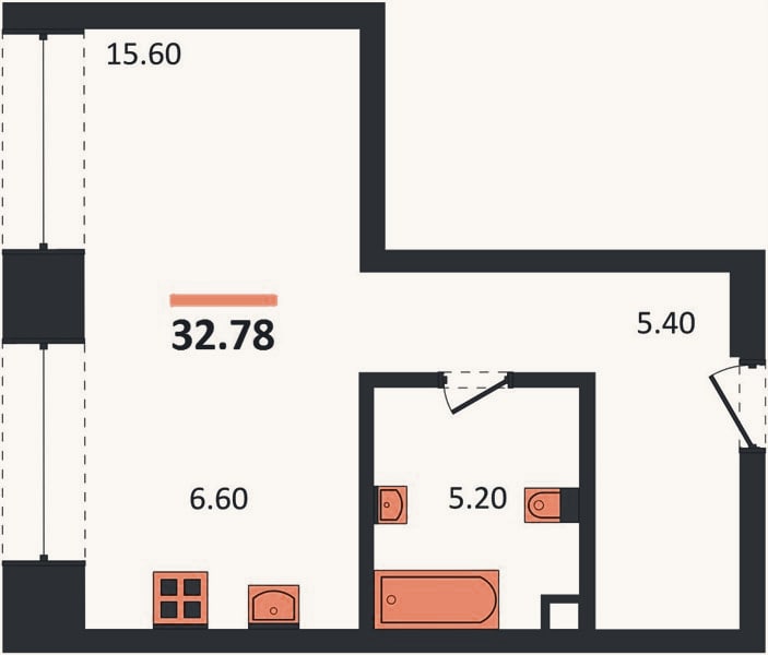 Планировка: Студия, 32,8 м²