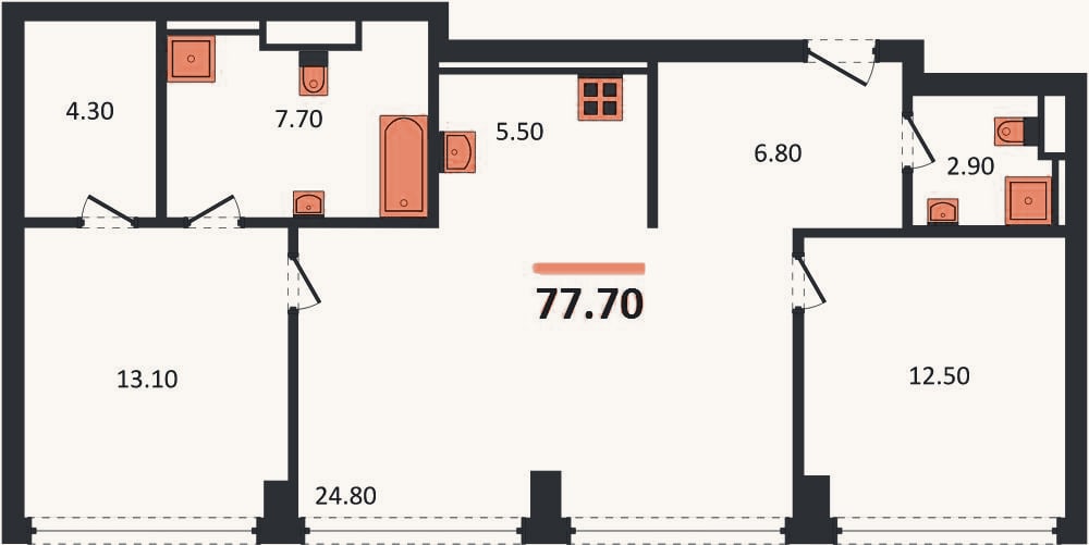 Планировка: 2-к, 77,7 м²