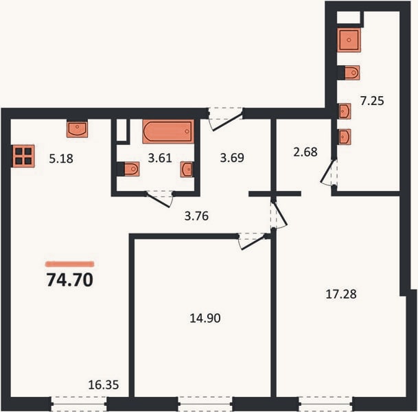 Планировка: 2-к, 74,7 м²