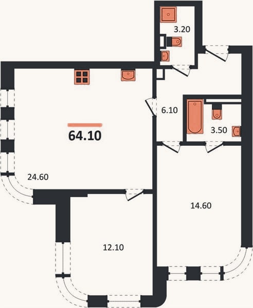 Планировка: 2-к, 64,1 м²