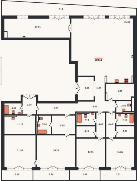 Планировка: 4+ к, 302,6 м²