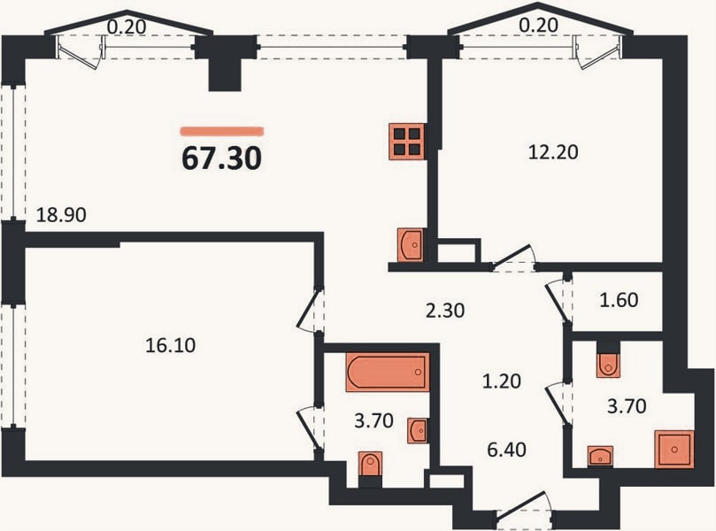 Планировка: 2-к, 67,3 м²