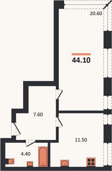 Планировка: 1-к, 44,1 м²