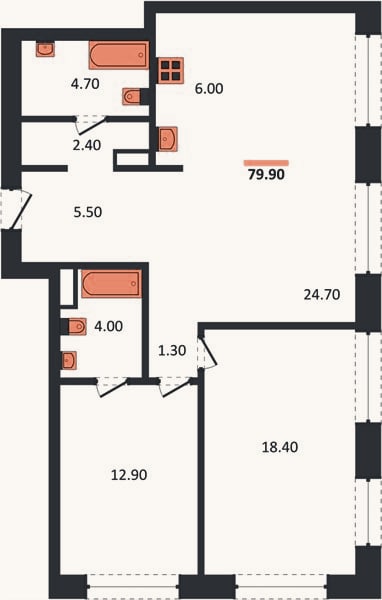 Планировка: 2-к, 80,5 м²