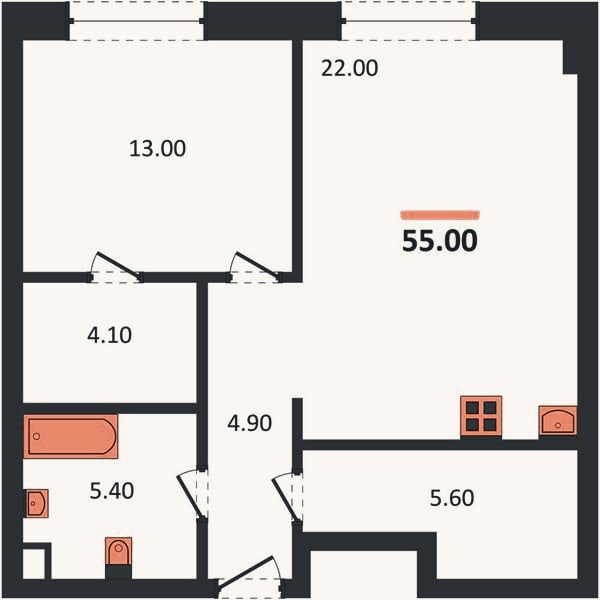 Планировка: 1-к, 55 м²