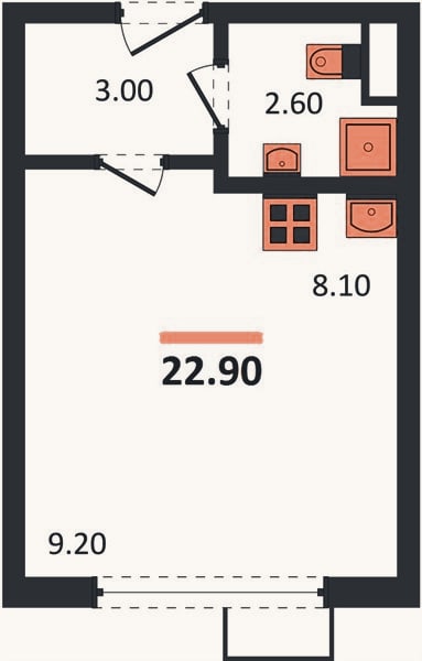 Планировка: Студия, 22,9 м²