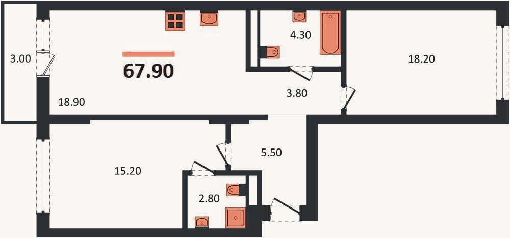 Планировка: 2-к, 67,9 м²