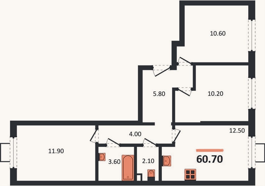 Планировка: 3-к, 60,7 м²