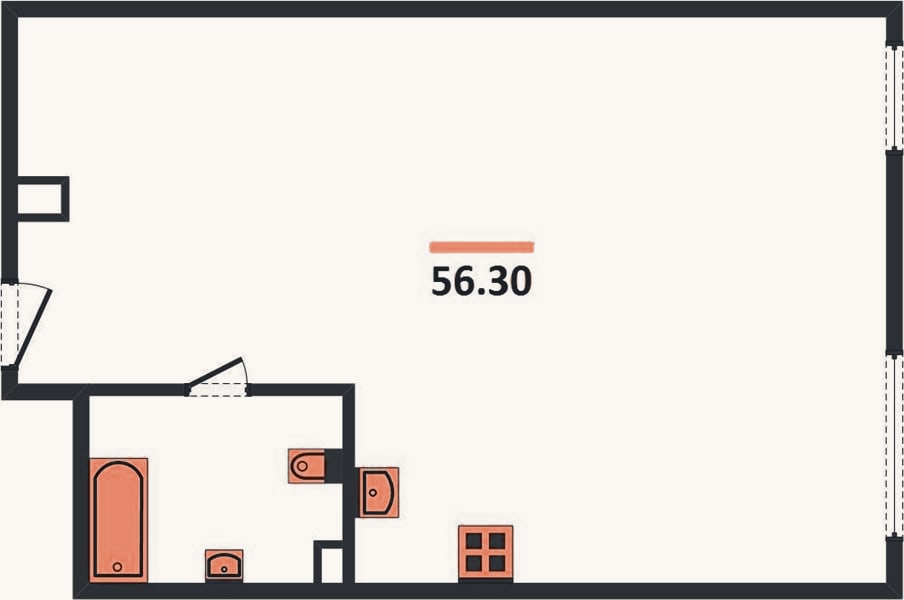 Планировка: 1-к, 56,3 м²