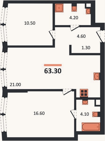 Планировка: 2-к, 63,3 м²
