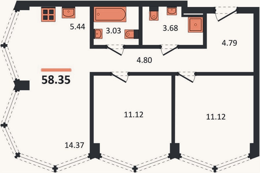 Планировка: 2-к, 58,4 м²