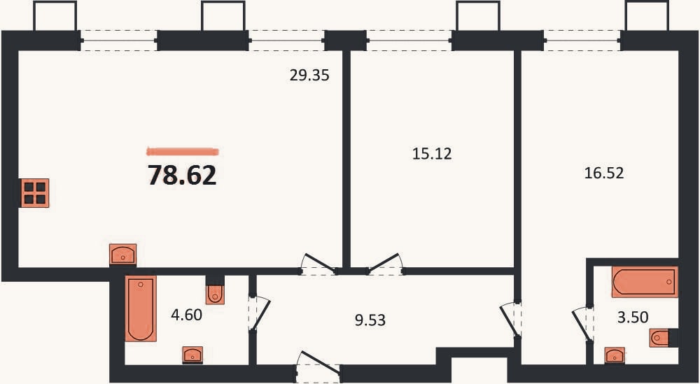 Планировка: 2-к, 78,6 м²