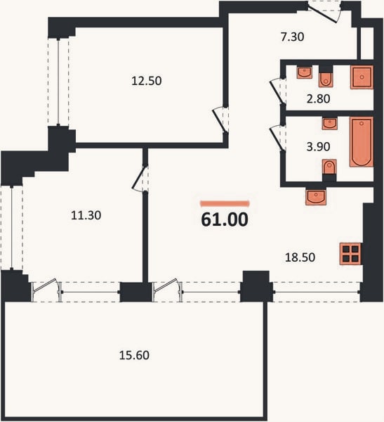 Планировка: 2-к, 61 м²