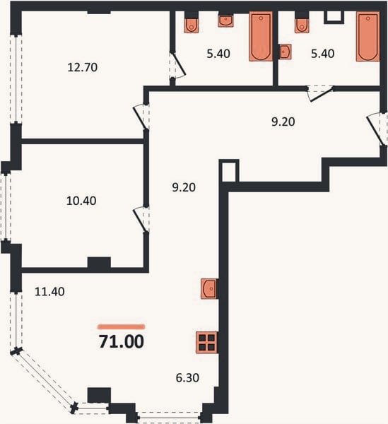 Планировка: 2-к, 71 м²