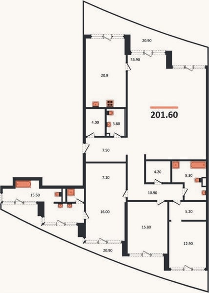 Планировка: 3-к, 201,6 м²