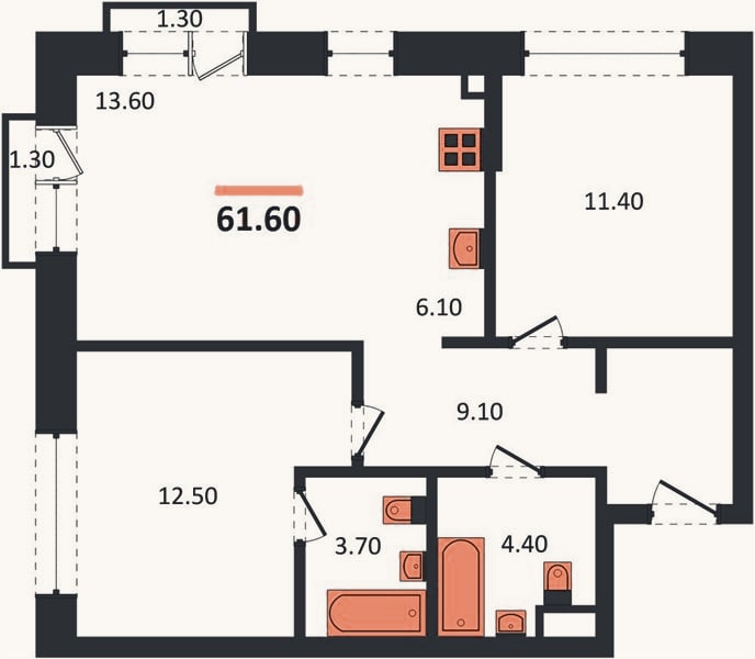 Планировка: 2-к, 61,6 м²
