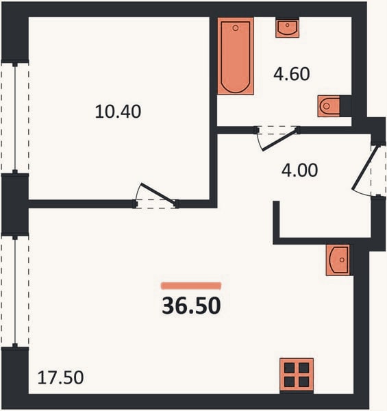 Планировка: 1-к, 36,5 м²