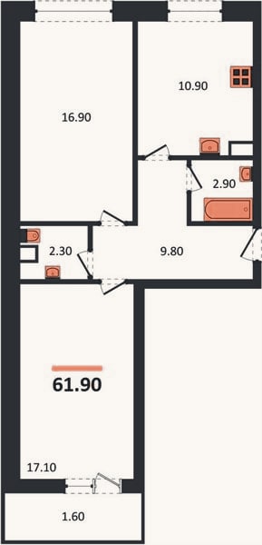 Планировка: 2-к, 61,5 м²