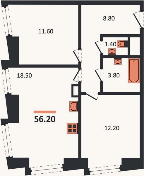 Планировка: 2-к, 56,2 м²