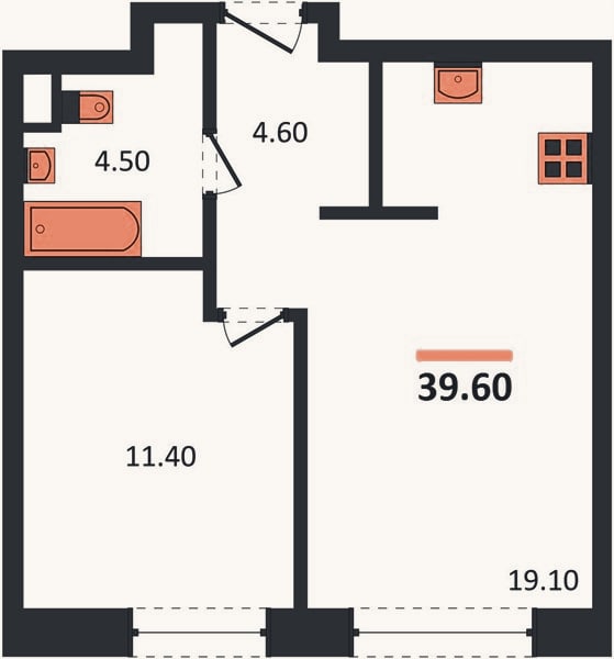Планировка: 1-к, 39,6 м²