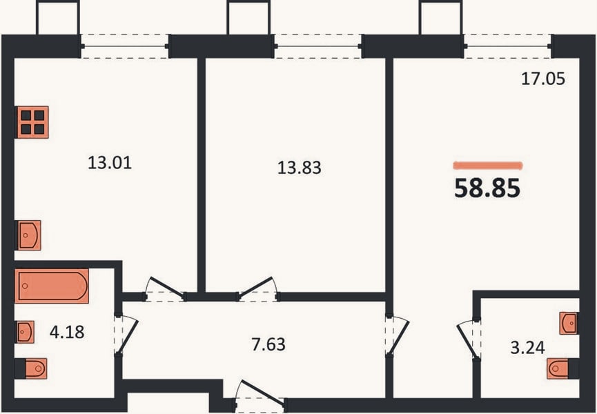 Планировка: 2-к, 58,9 м²