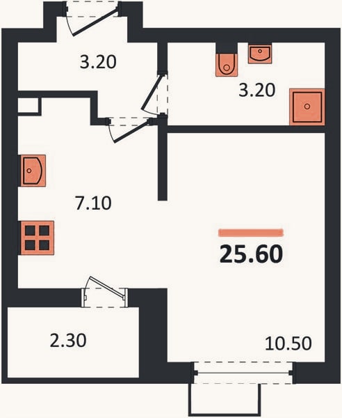 Планировка: 1-к, 25,6 м²