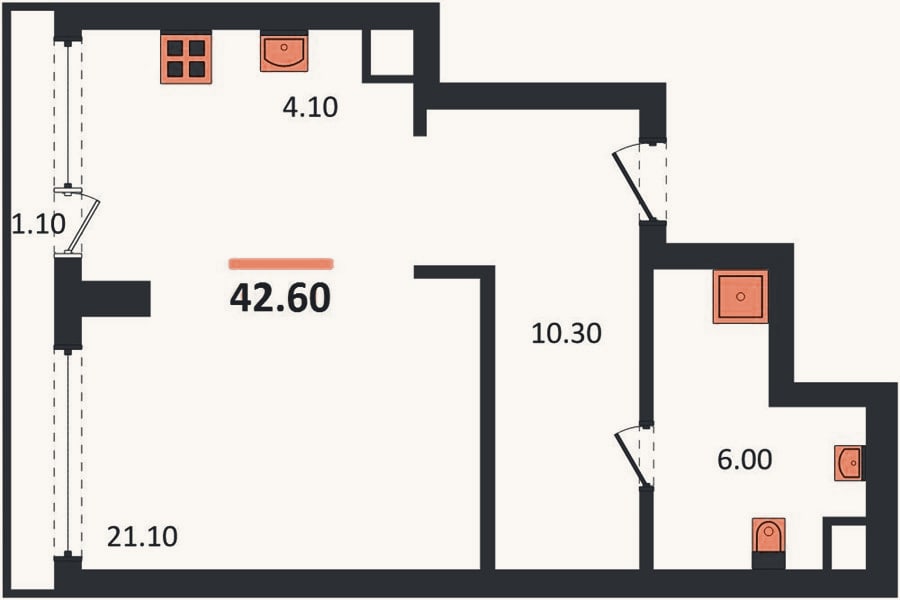 Планировка: Студия, 42,6 м²
