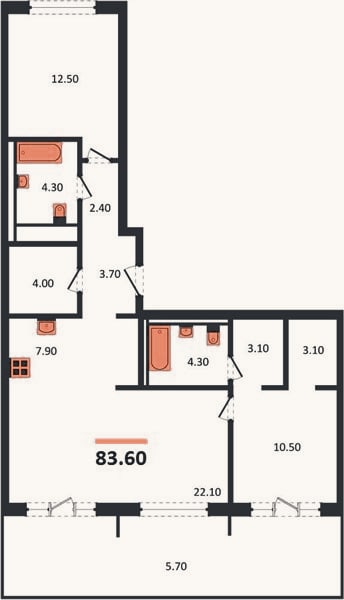 Планировка: 2-к, 83,6 м²