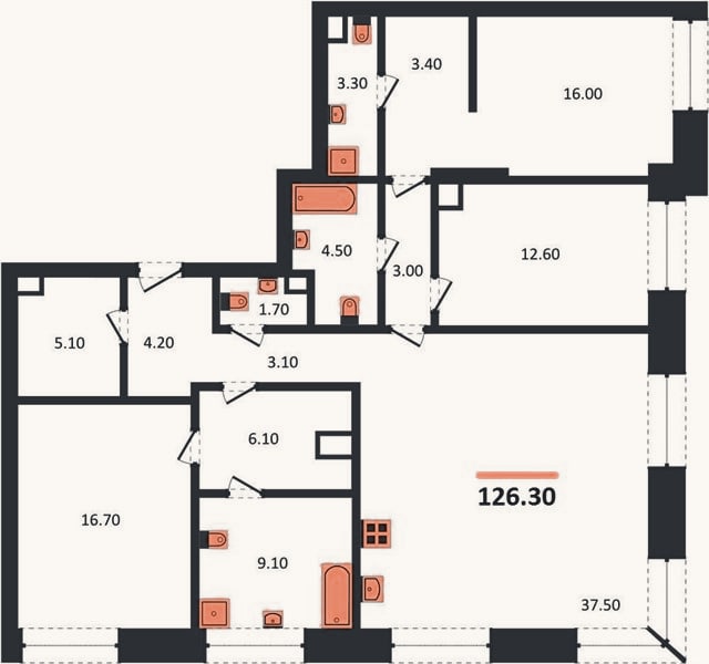 Планировка: 3-к, 126,3 м²