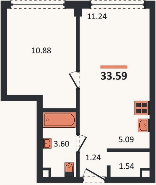 Планировка: 1-к, 33,6 м²