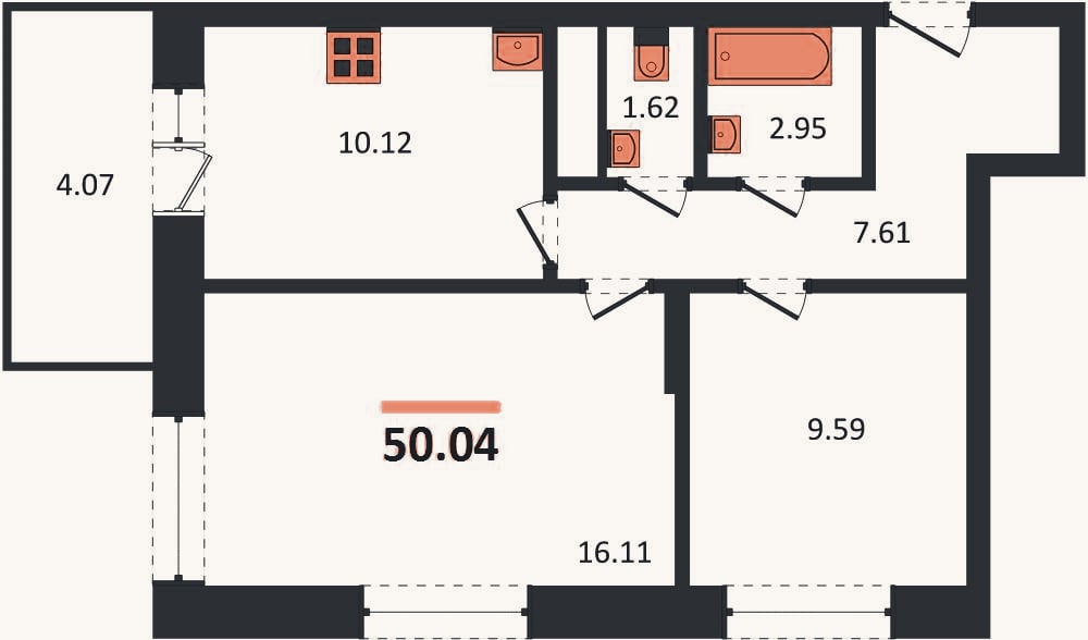 Планировка: 2-к, 50 м²