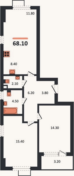 Планировка: 2-к, 68,1 м²