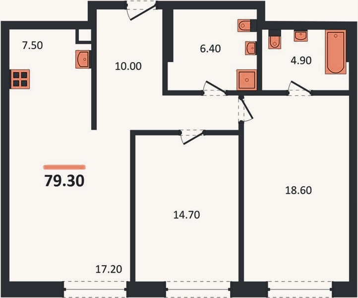 Планировка: 2-к, 79,3 м²