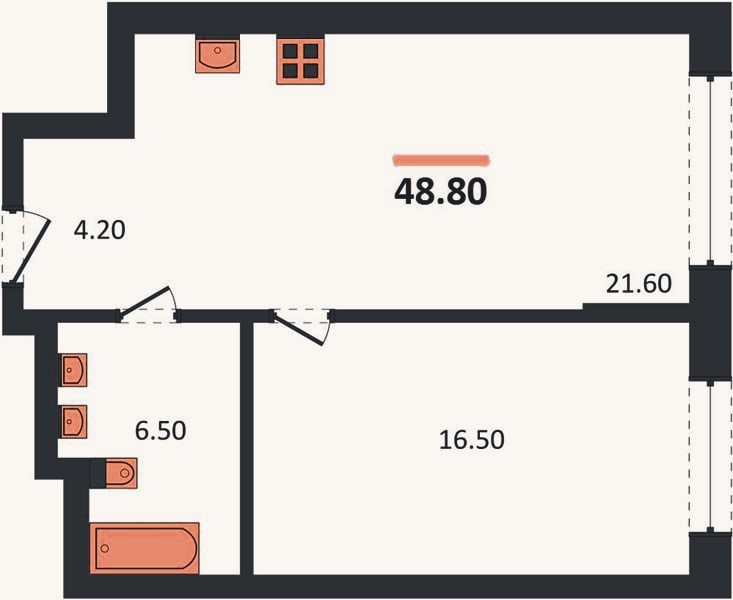Планировка: 1-к, 48,8 м²